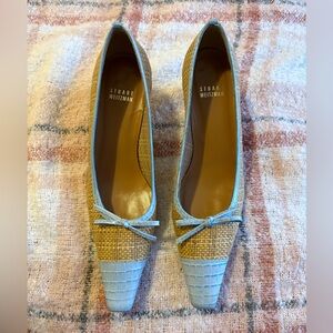 Stuart Weitzman Blue and Tan Heels with Bow Detail